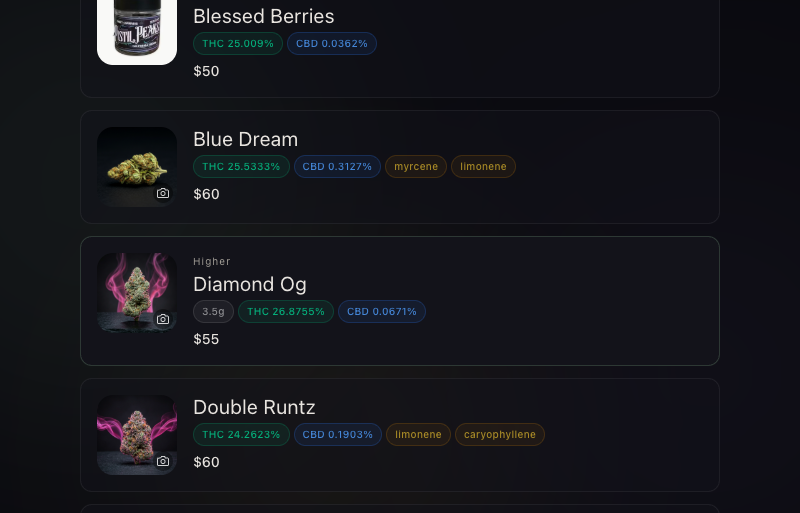 weed.menu flower browse — strain images with THC/CBD and terpene data