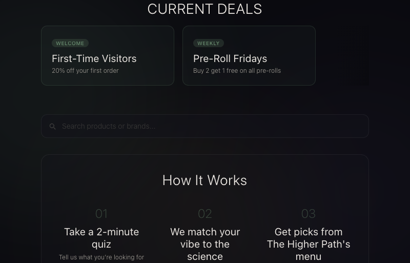 weed.menu — deals, search, and personalized matching flow